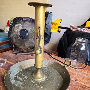 LARGE Vintage Brass Push Up Chamber Candle Stick Holder Saucer with Finger Loop.